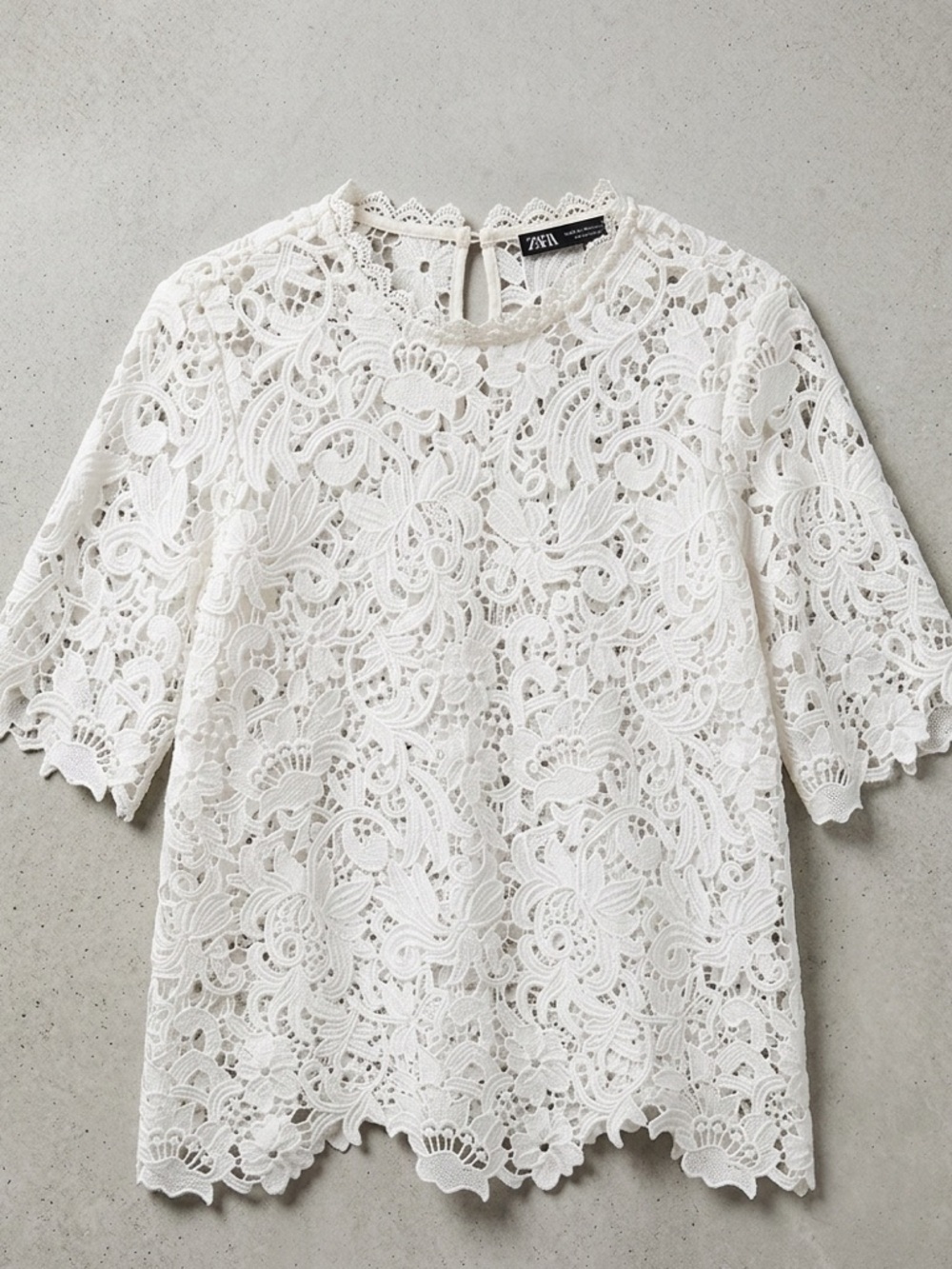 Zara White Guipure Lace Top, XS - Elegant Back Keyhole